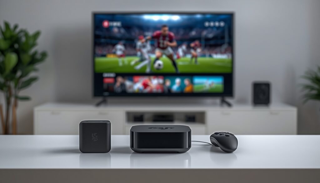 Best IPTV box 2026 comparison showing NVIDIA Shield TV Pro, Amazon Fire TV Stick 4K Max, and Formuler Z11 Pro Max with 4K sports streaming interface on modern smart TV