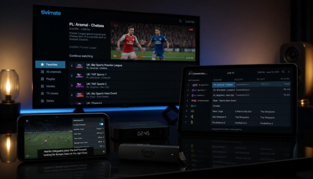 Best IPTV player 2026 comparison showing TiviMate, IPTV Smarters Pro and GSE interfaces on Fire Stick, Android TV and iPhone with 4K sports streaming