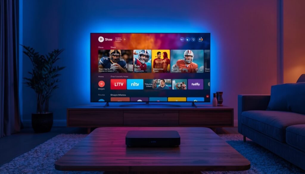 Best IPTV subscription streaming 20000+ live channels in 4K UHD on smart TV with modern streaming device in luxury living room
