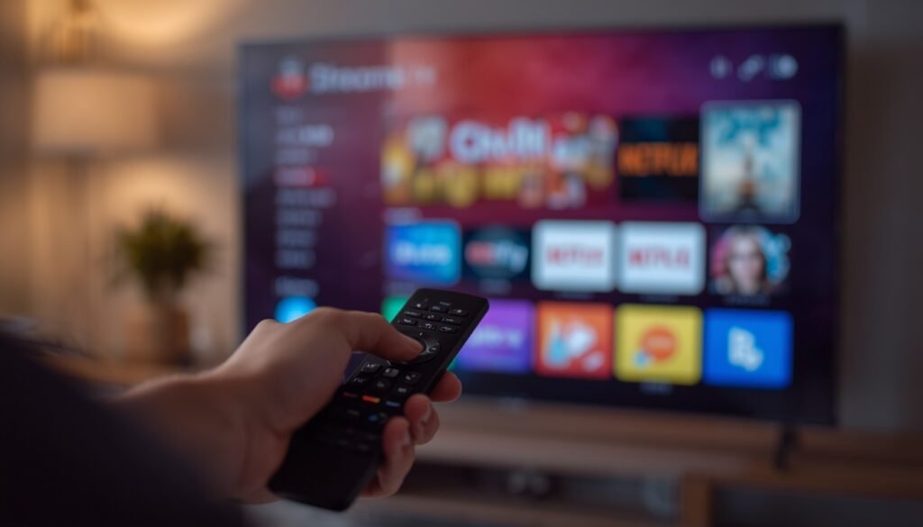 Easy IPTV subscription setup on smart TV using remote control and streaming app interface in modern living room