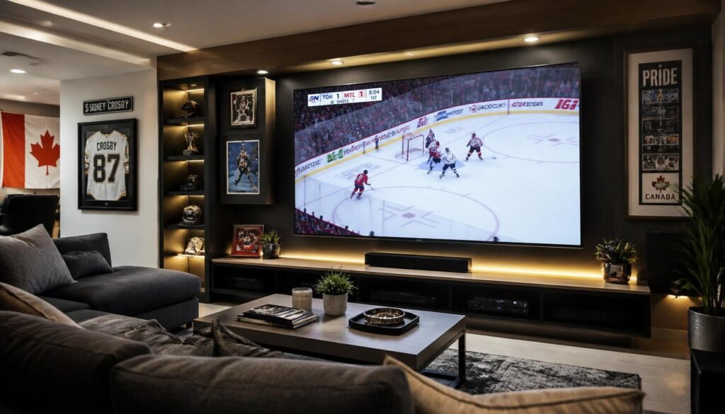 IPTV Canada streaming setup showing live NHL hockey game in 4K on modern smart TV with Canadian channels