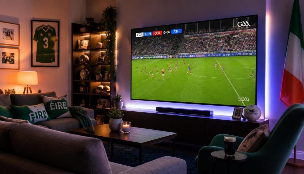 Socrú sruthú IPTV Ireland ag taispeáint cluiche GAA beo i 4K ar Smart TV nua-aimseartha le cainéil Éireannacha