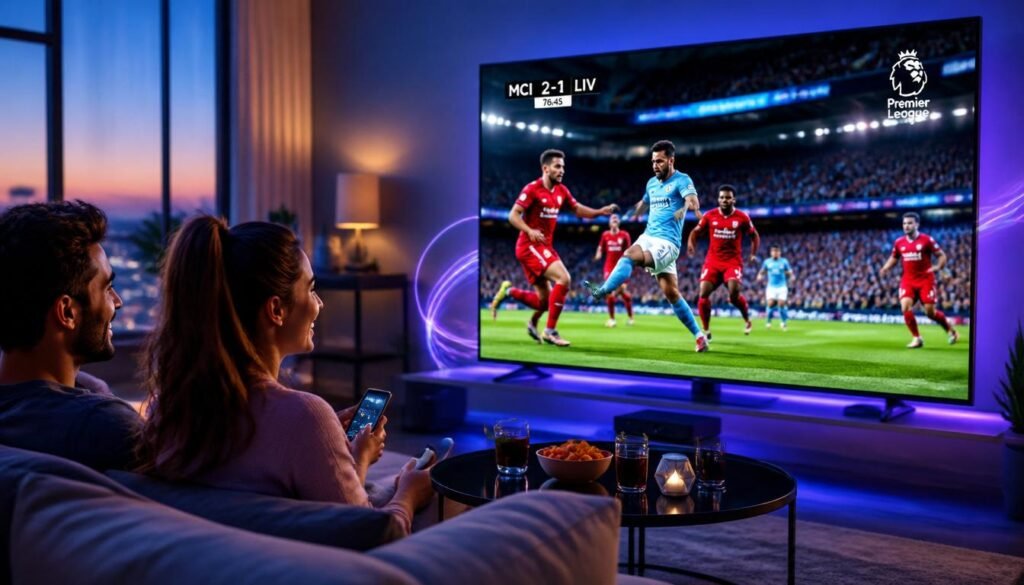 Premium IPTV Online streaming experience showing live 4K sports on smart TV with modern living room setup