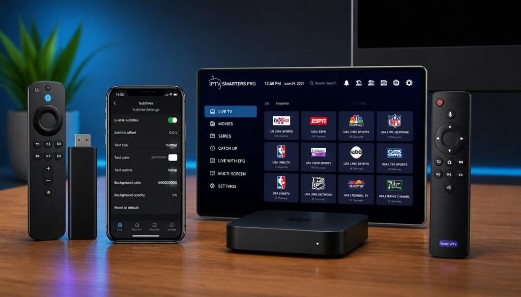 IPTV player compatibility chart showing TiviMate on Fire Stick, Smarters Pro on Android TV, GSE on iPhone, and Smart IPTV on Samsung TV