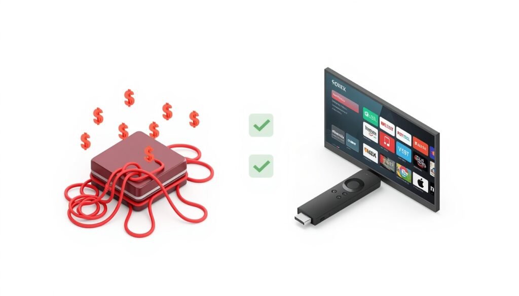 IPTV subscription versus cable TV comparison showing cost savings more channels and better quality streaming