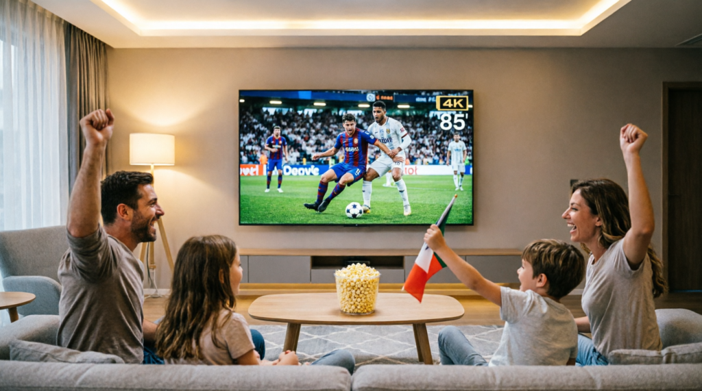 IPTV free trial - family watching 4K sports streaming