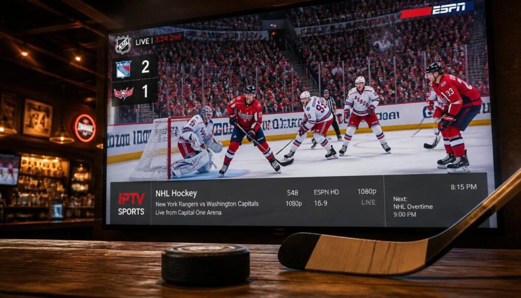 Live NHL hockey game streaming in 4K on TV with IPTV interface showing Canadian sports channels Sportsnet and TSN