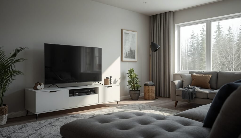 Canadian home entertainment setup with Fire TV Stick streaming IPTV channels on smart TV in cozy living room