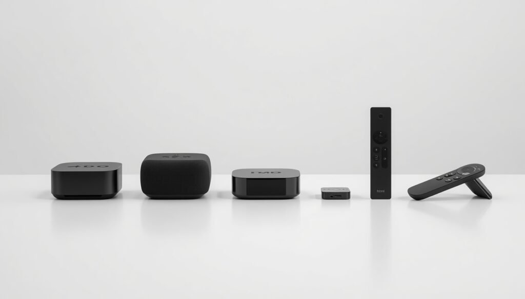 Multiple streaming boxes and devices arranged on desk for comparison review