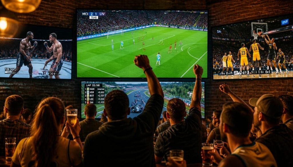 Live sports streaming on multiple 4K screens showing football, UFC, NBA, and Formula 1 with IPTV Online service