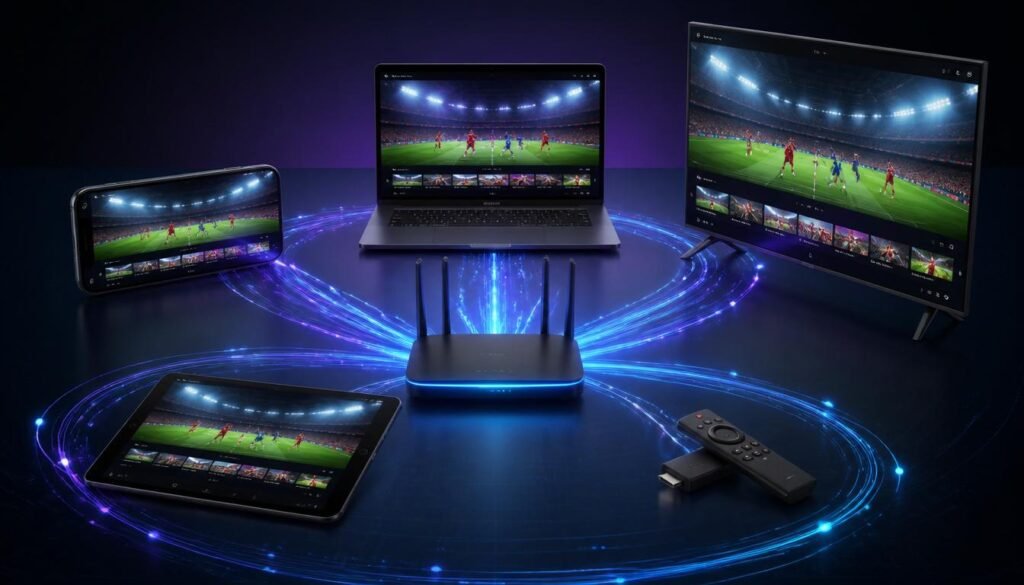 IPTV Online streaming simultaneously on multiple devices including smart TV, smartphone, tablet, and Fire Stick