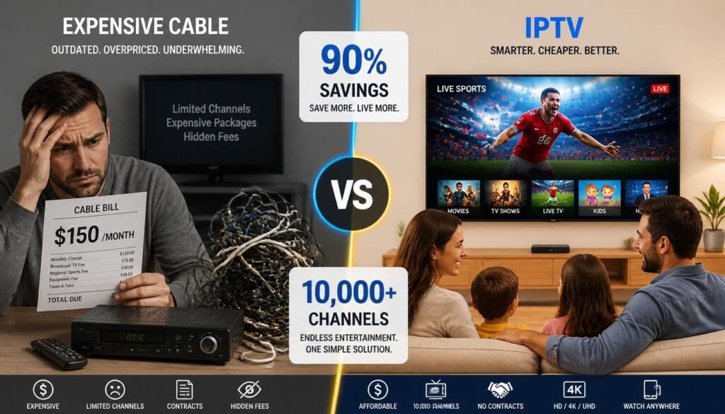IPTV Online versus traditional cable TV comparison showing cost savings and better quality