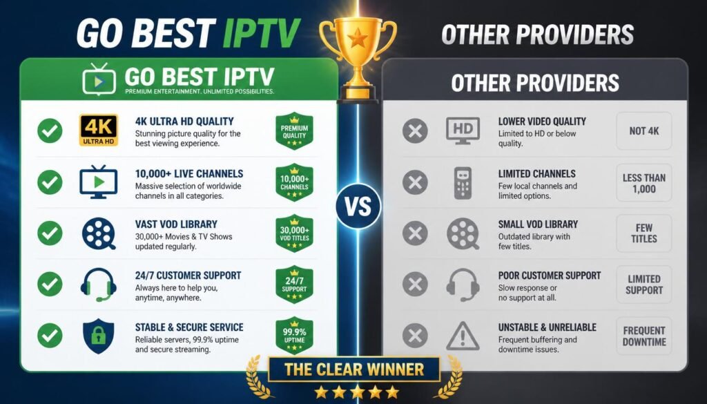 IPTV free trial comparison chart showing GO BEST IPTV advantages