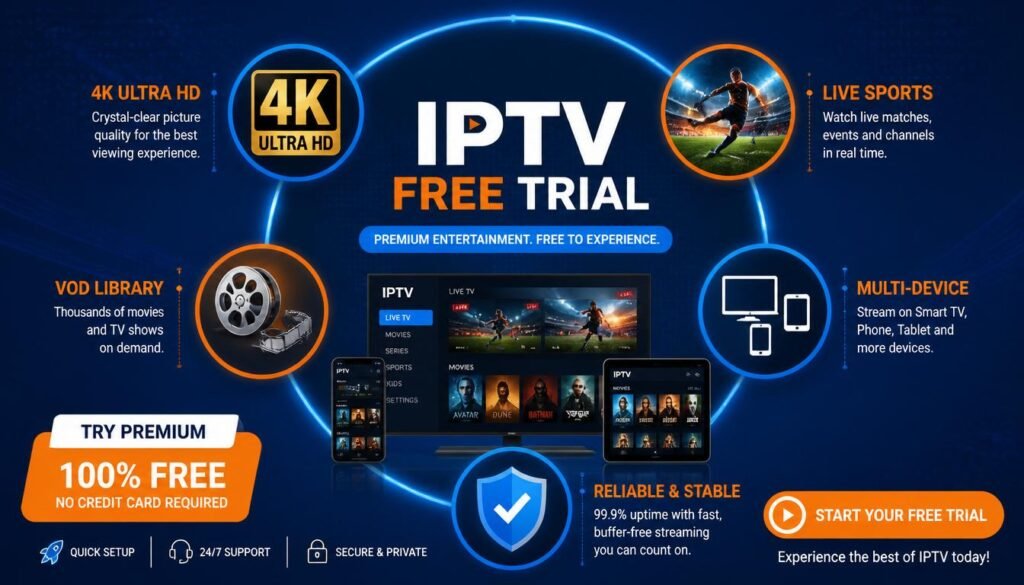 IPTV free trial features including 4K streaming and premium channels