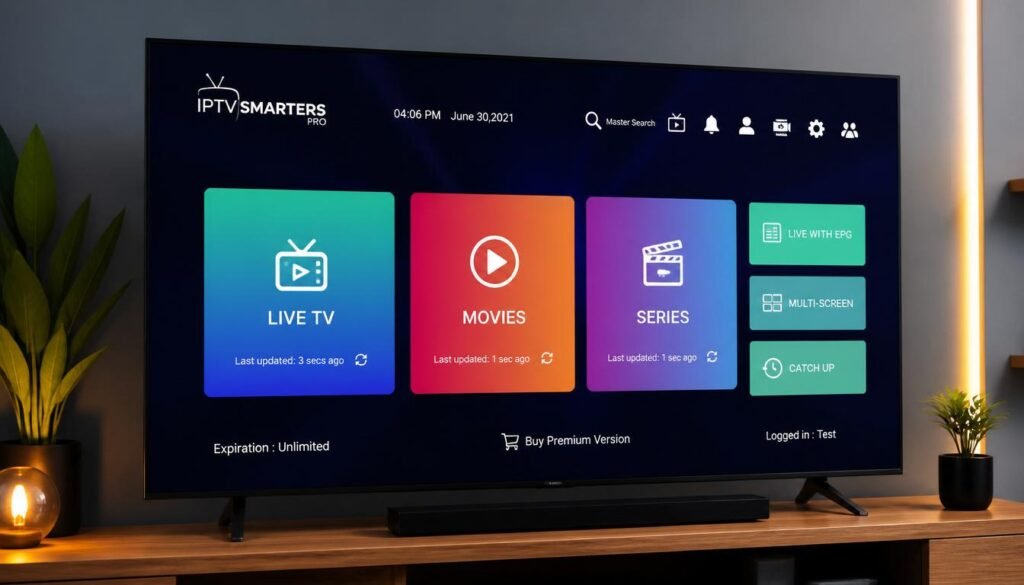 IPTV Smarters Pro user interface showing live TV channels and VOD library on Smart TV